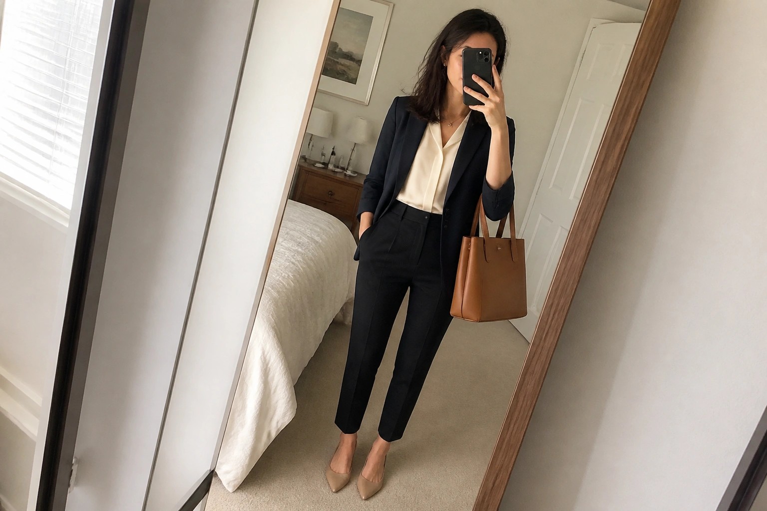 Woman in navy blazer and black pants taking mirror selfie with brown tote bag