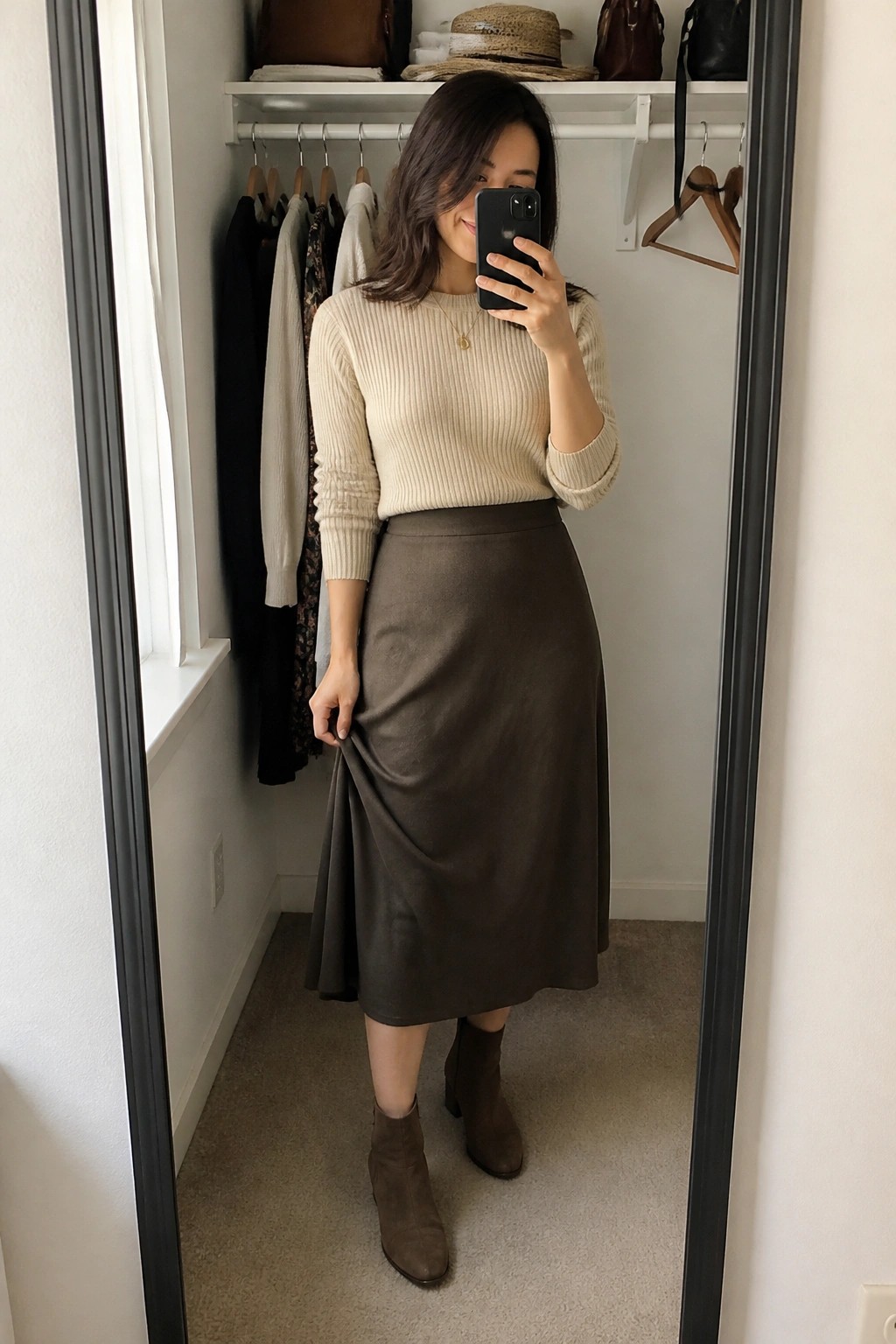Woman in beige sweater and brown midi skirt taking closet mirror selfie.