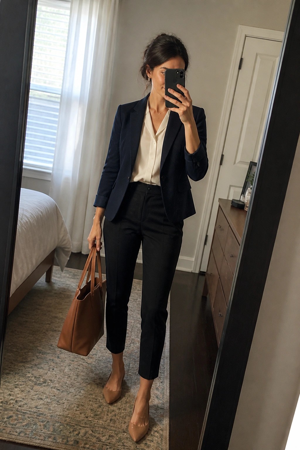 Woman in navy blazer and black pants taking mirror selfie with brown tote bag
