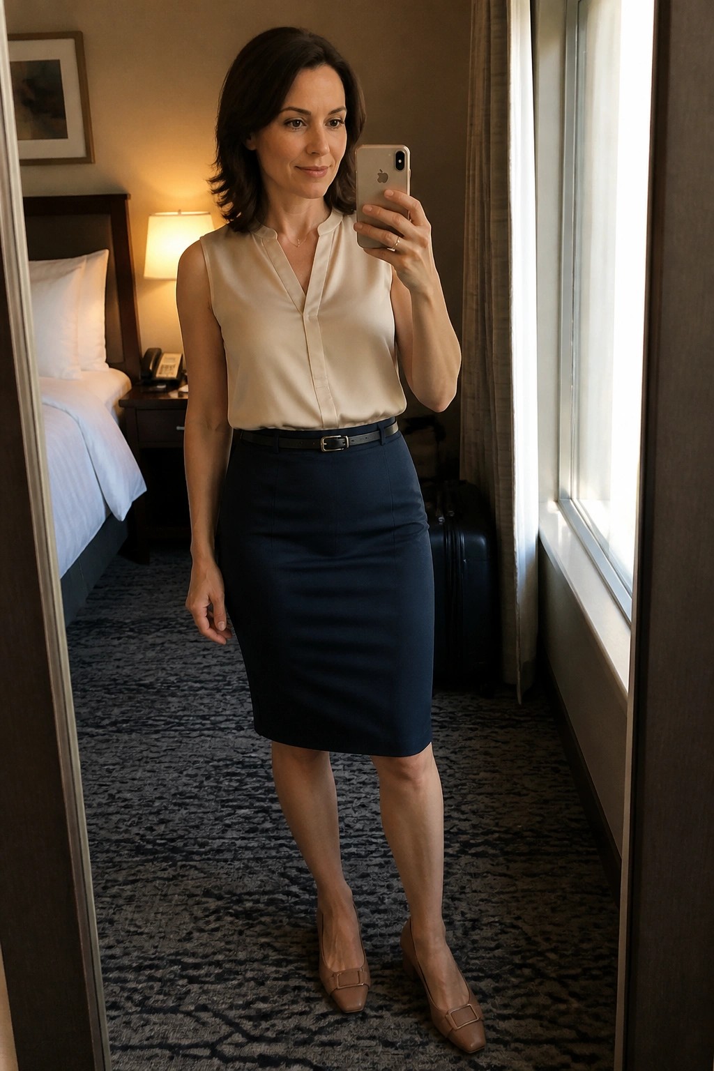 Woman in beige blouse and navy skirt taking mirror selfie in hotel room