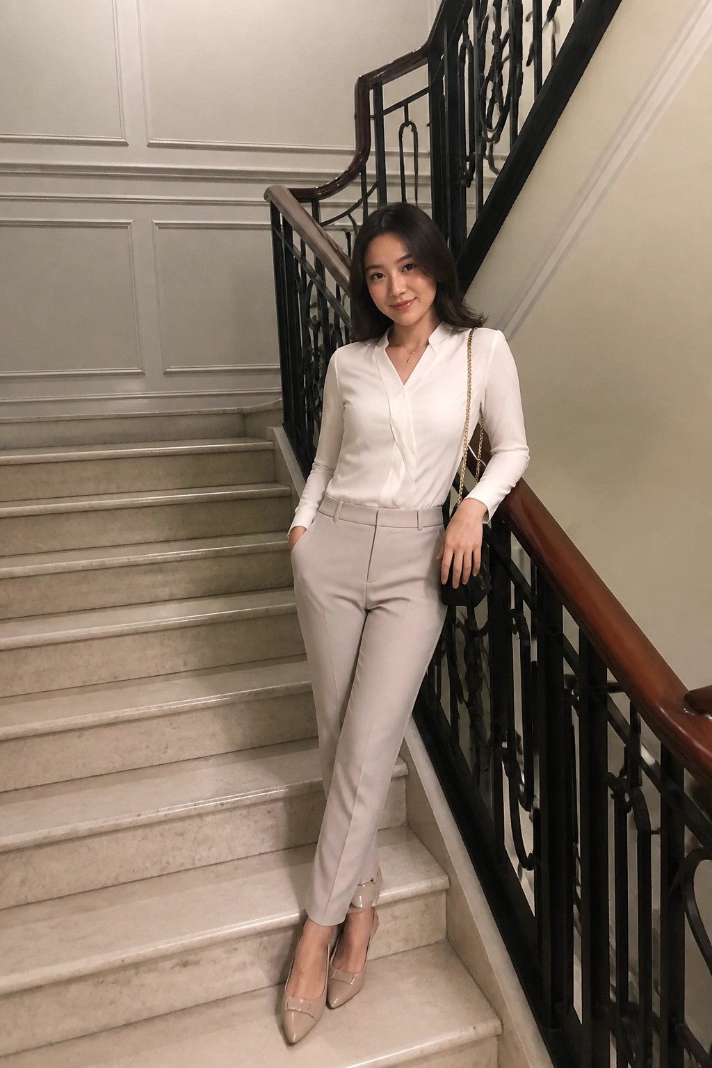 Woman in white blouse and beige pantsuit posing on marble staircase with railing
