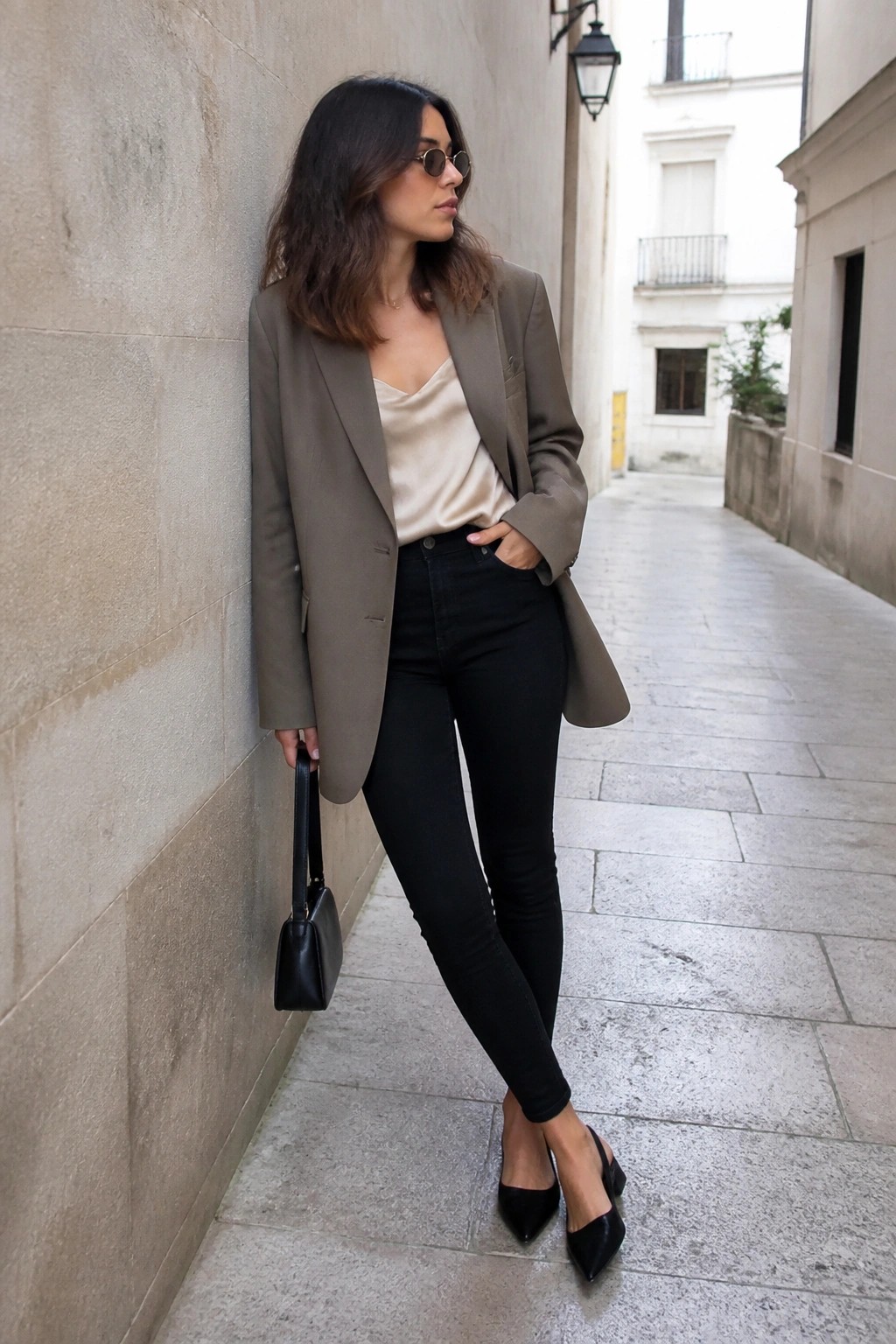 Woman in taupe blazer, beige top, and black jeans leaning on alley wall.