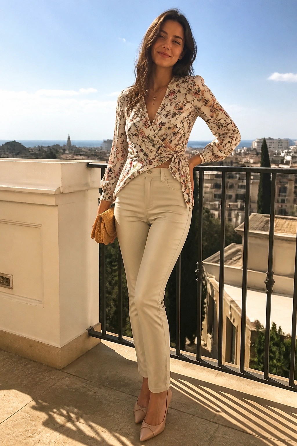 Woman in floral wrap blouse and beige pants on sunny balcony with sea view.