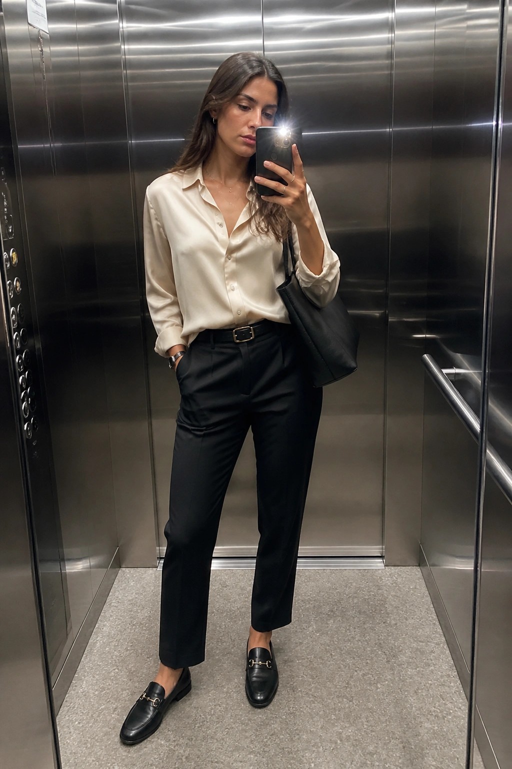 Woman in cream blouse and black pants taking mirror selfie in elevator