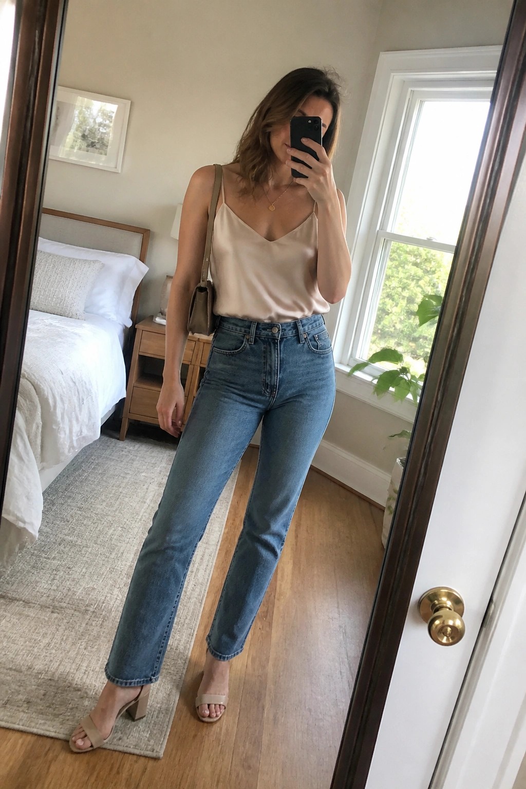 Woman in beige camisole and blue jeans taking mirror selfie in bedroom