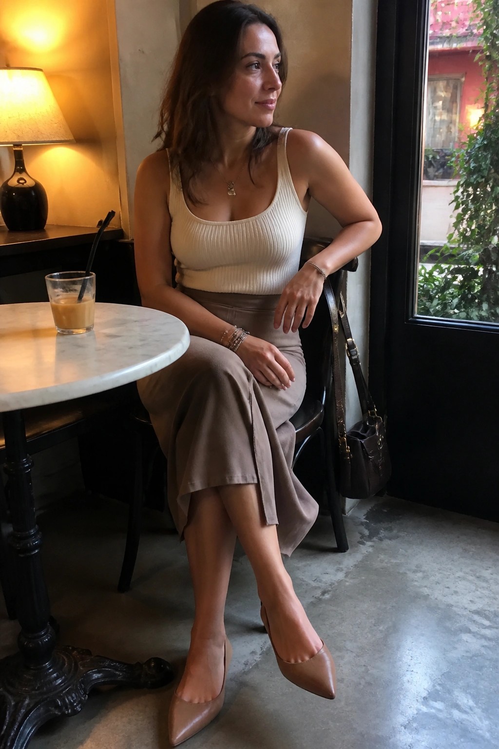 Woman in beige tank top and taupe skirt at cafe table with coffee