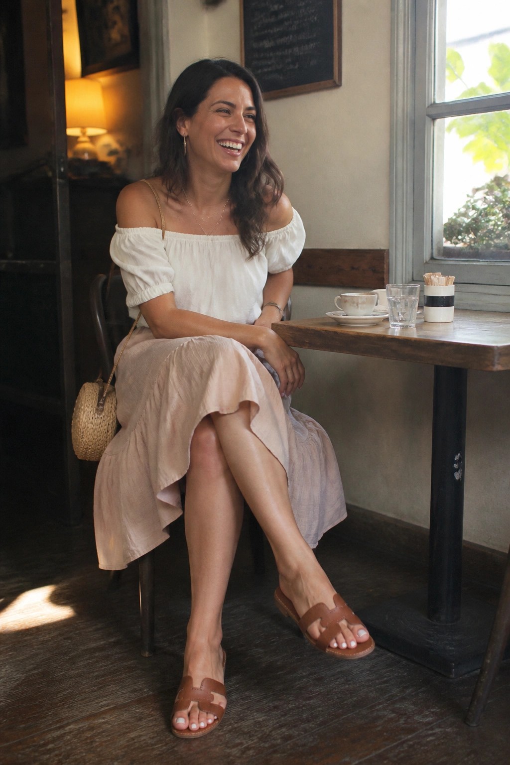 Woman in off-shoulder white top and beige skirt smiling at cafe table