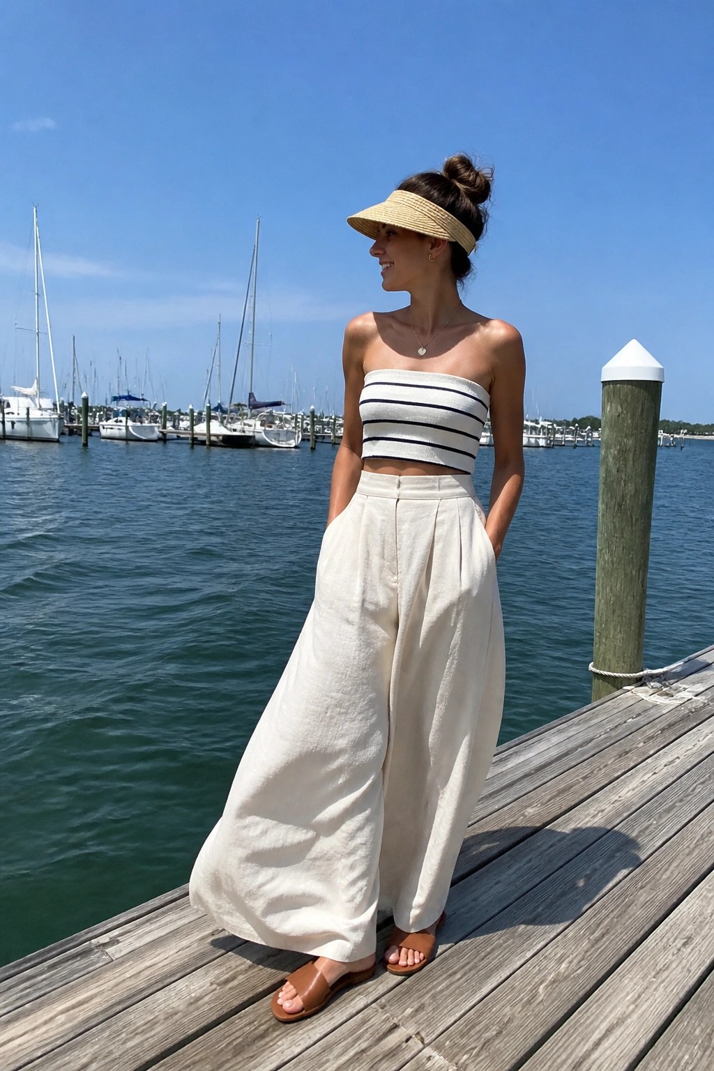 Woman in striped strapless top and wide white pants on marina dock