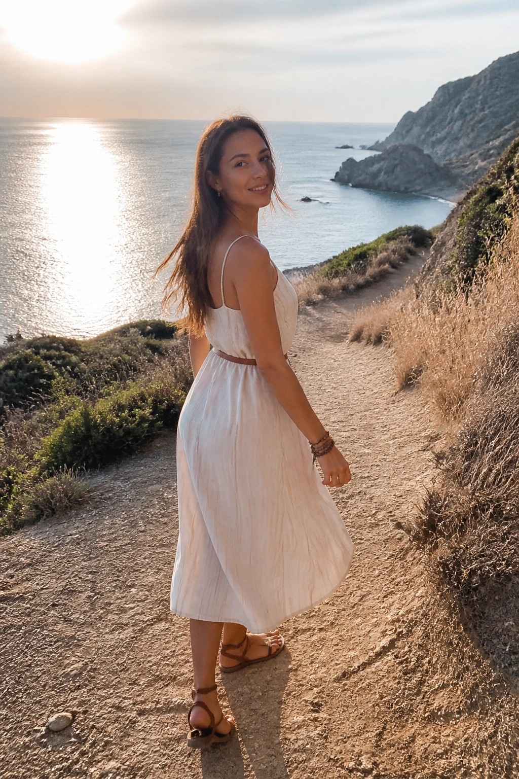 Woman in white dress on cliff path overlooking sea at sunset