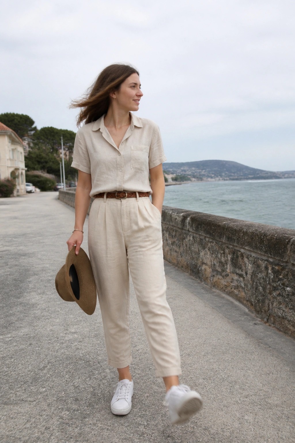 Woman in beige linen holding straw hat on windy coastal path