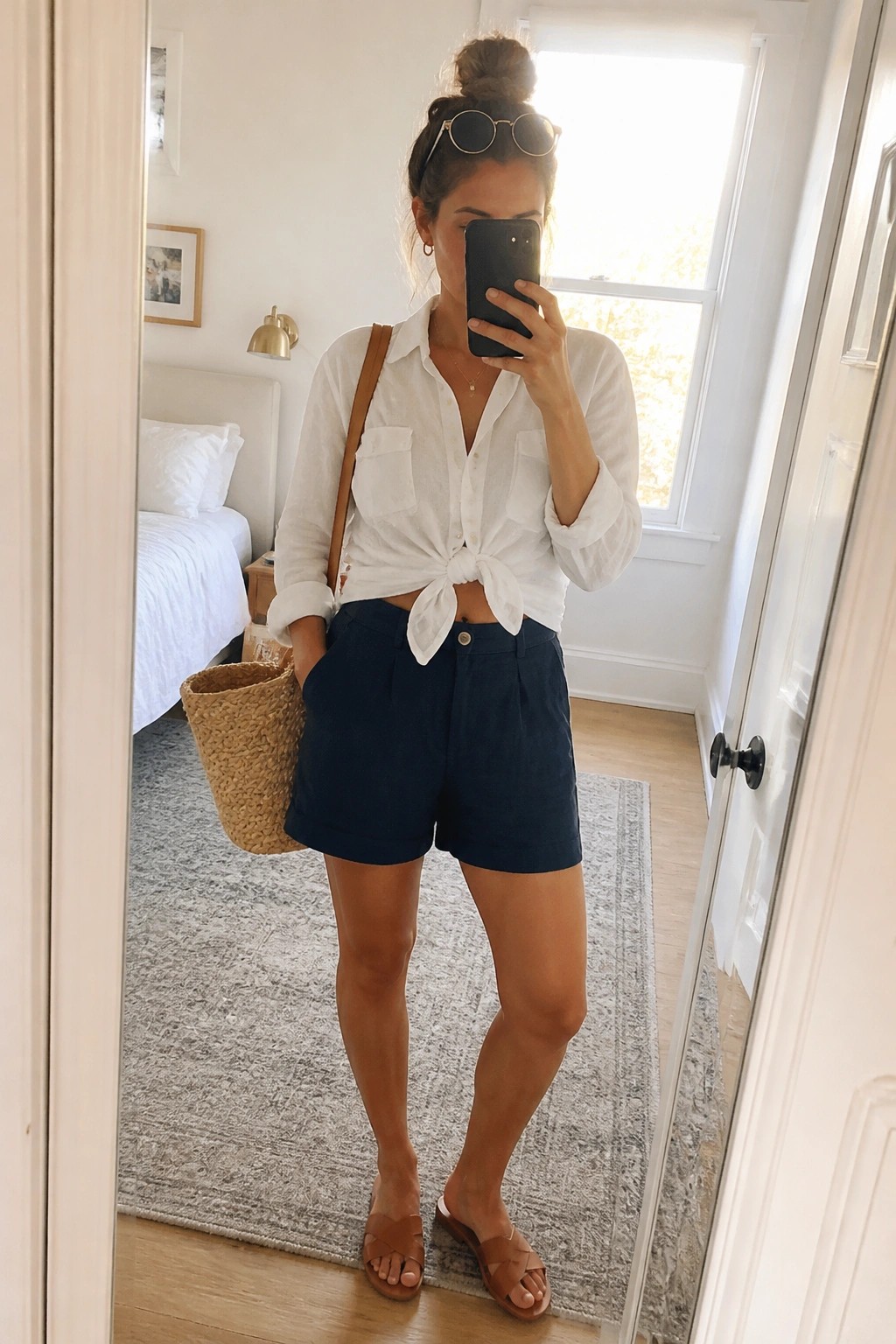 Woman wearing a white button-up shirt tied at the waist over navy blue tailored shorts, paired with brown leather sandals and carrying a woven straw bag.