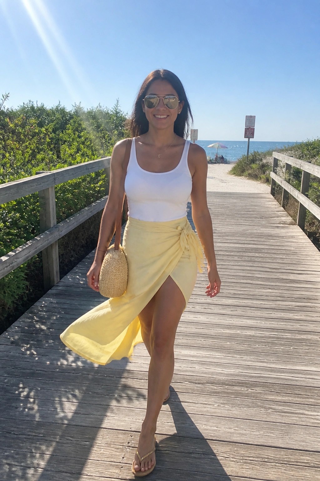 Woman in white tank top and yellow wrap skirt on sunny beach boardwalk