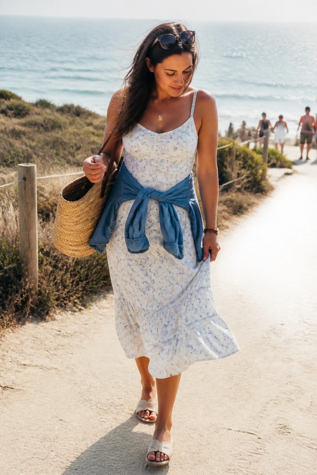 Woman in floral white dress with denim jacket tied at waist on beach path holding straw bag