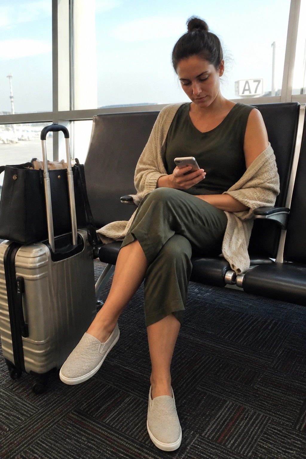 Woman in green outfit views phone beside suitcase at airport gate A7