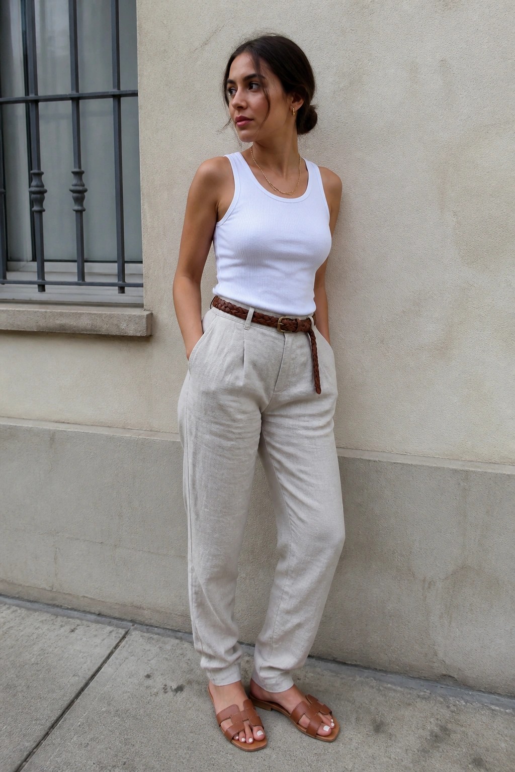 Woman in white tank top and beige linen pants with brown belt against wall