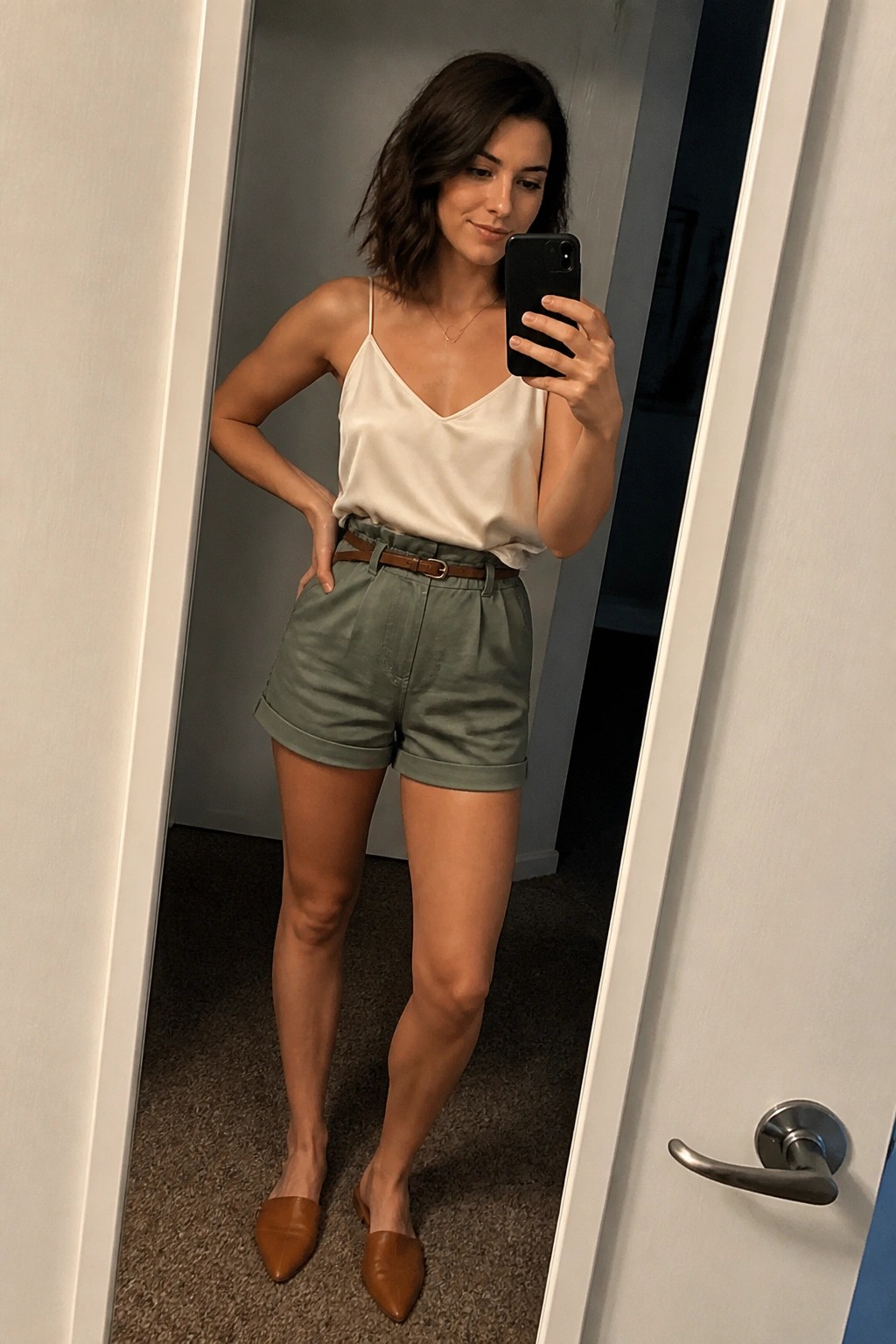 Woman in white camisole and green shorts taking mirror selfie with phone