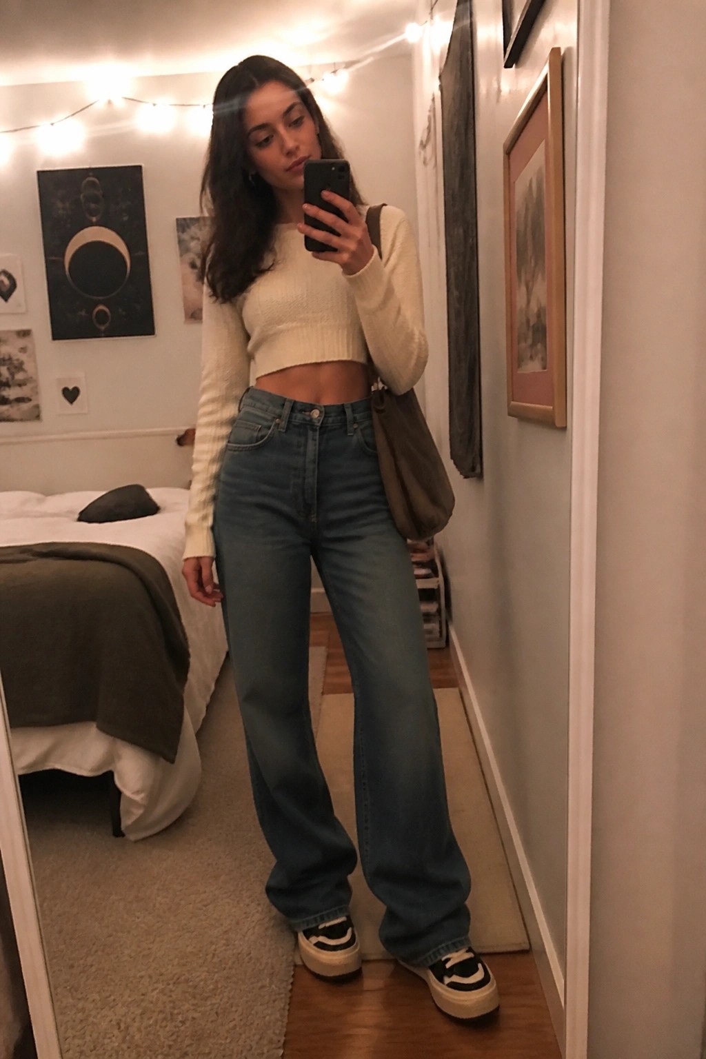 Woman in cropped cream sweater and wide-leg jeans taking bedroom mirror selfie.