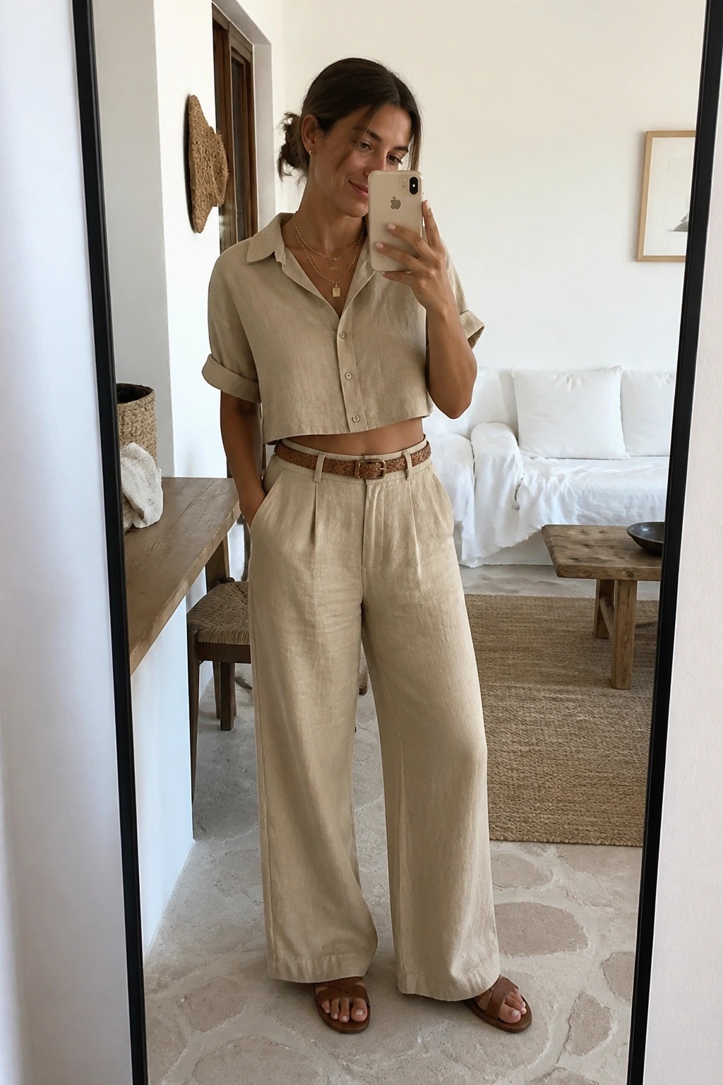 Woman in beige linen crop top and wide pants taking mirror selfie in bright room