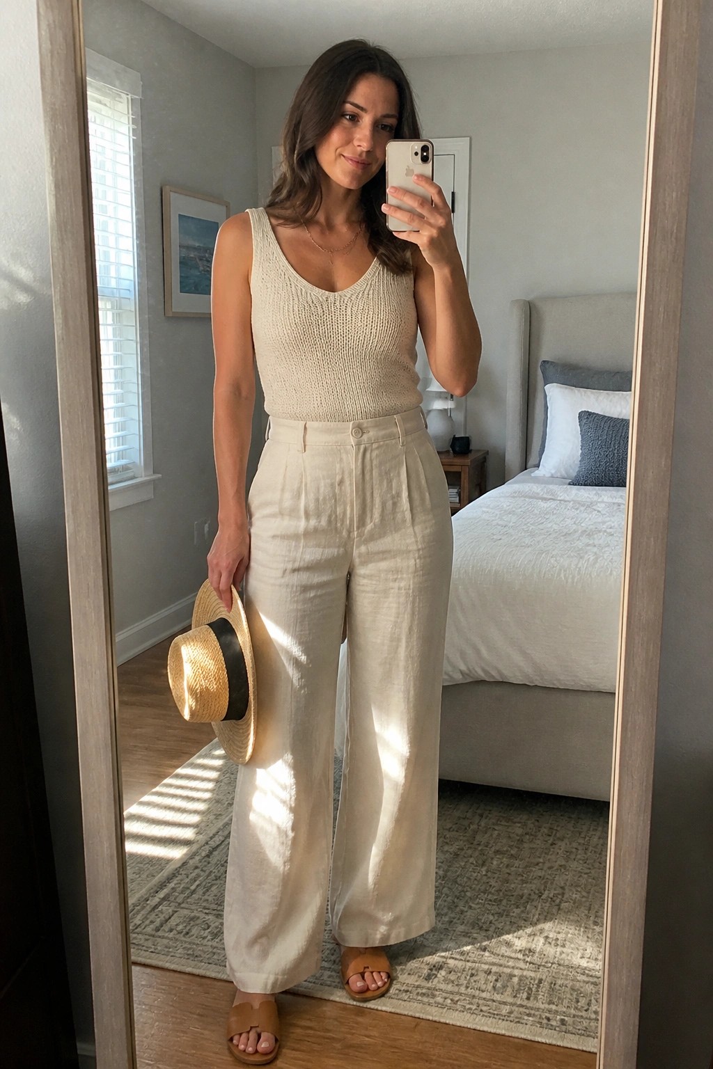 Woman in cream knit tank and beige wide-leg pants holding straw hat in bedroom