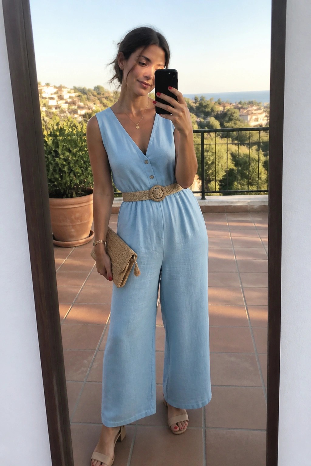 Woman in light blue jumpsuit taking mirror selfie on ocean-view balcony