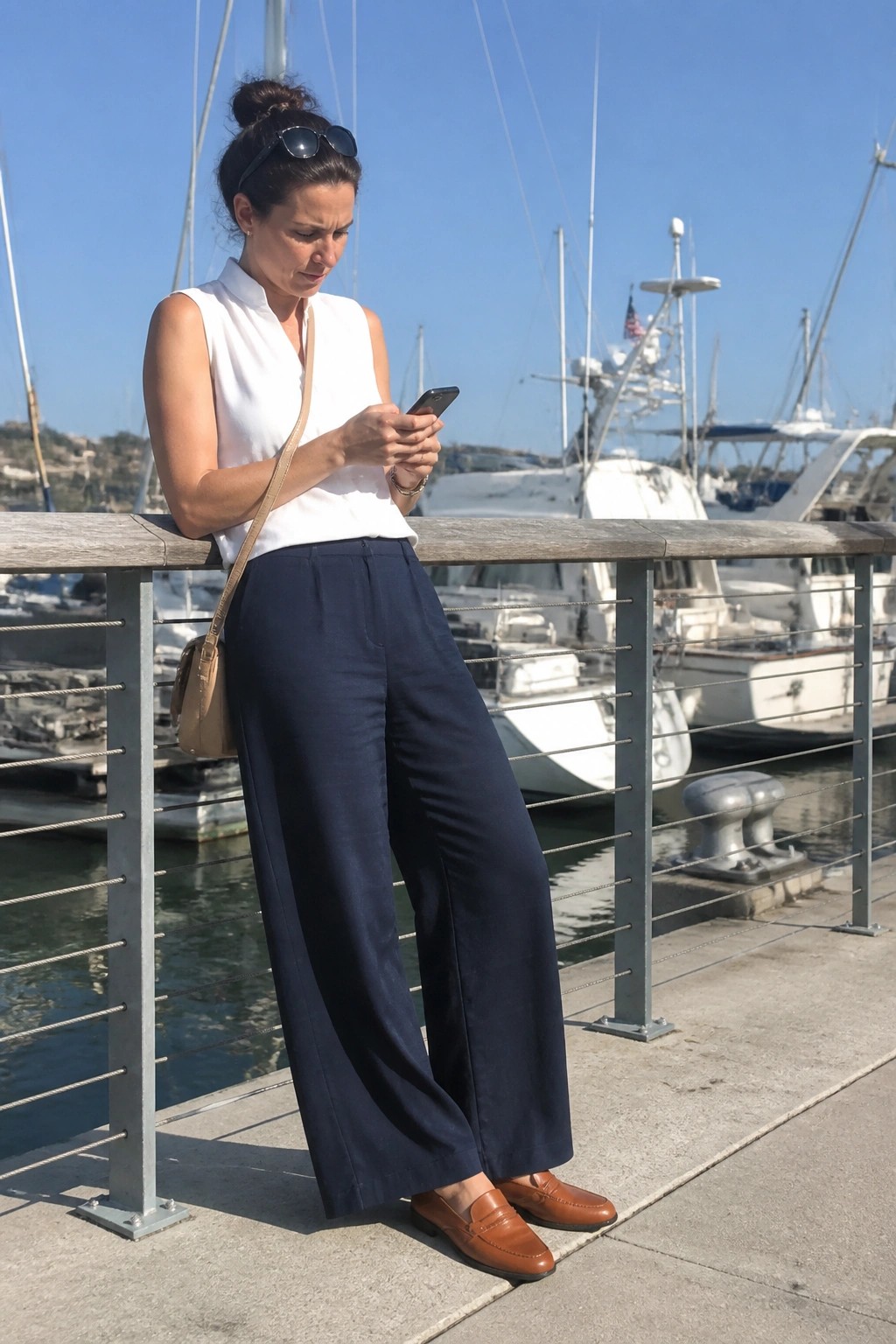 Woman in white top and navy pants checking phone at marina railing