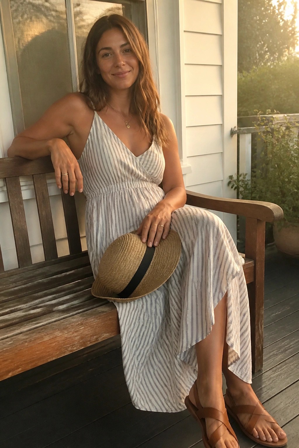 Woman in striped dress on porch bench holding straw hat at sunset.