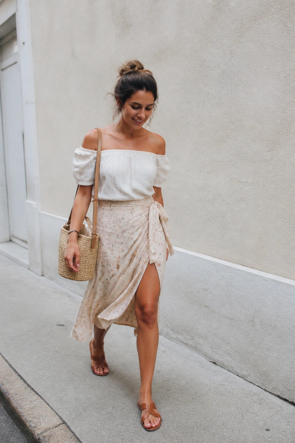 Woman in off-shoulder white top and floral wrap skirt carrying woven bag on sidewalk