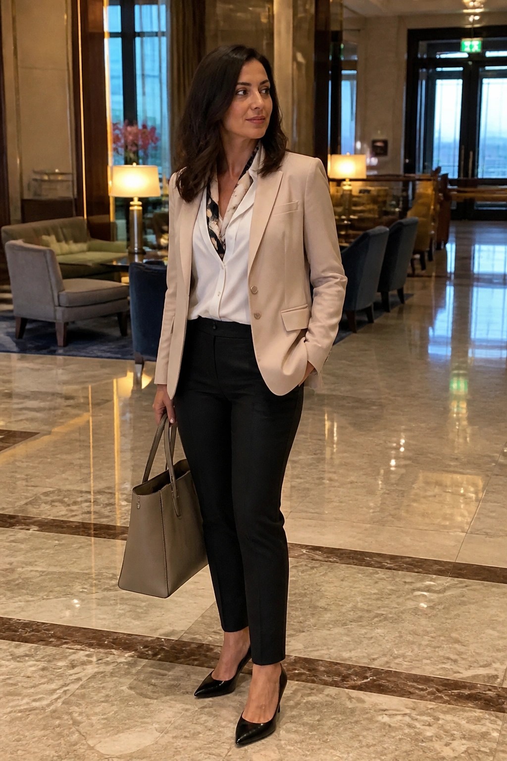 Woman in beige blazer and black pants holding handbag in luxury marble lobby