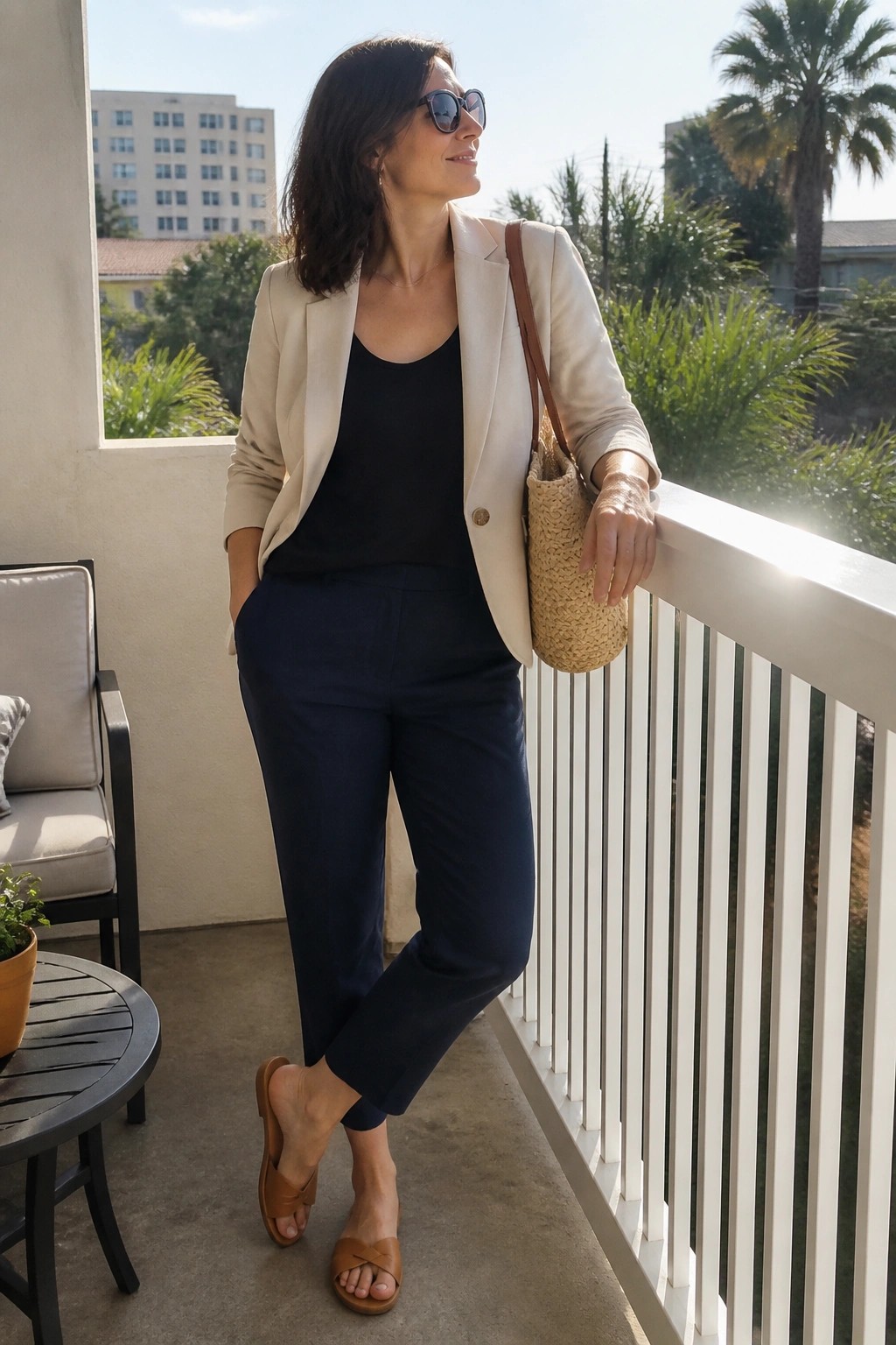 Woman in beige blazer and navy pants on sunny balcony with straw bag