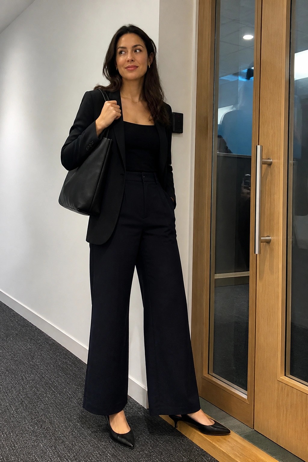 Woman in black blazer and wide-leg trousers holding tote bag by wooden door