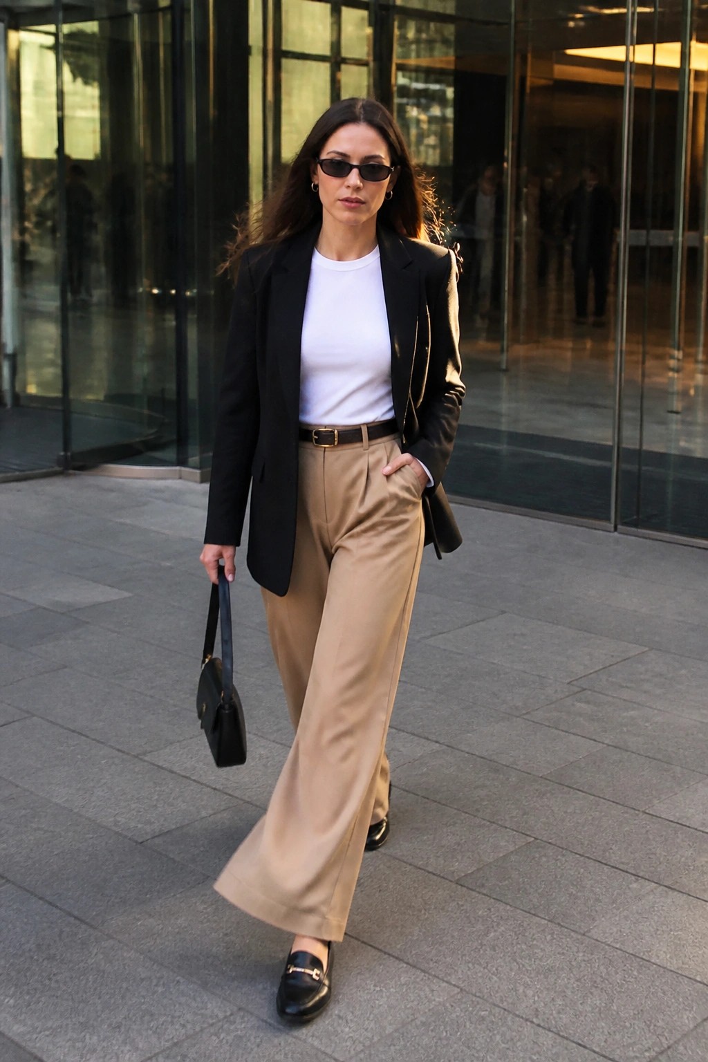 Woman in black blazer and beige wide-leg pants walking by glass doors