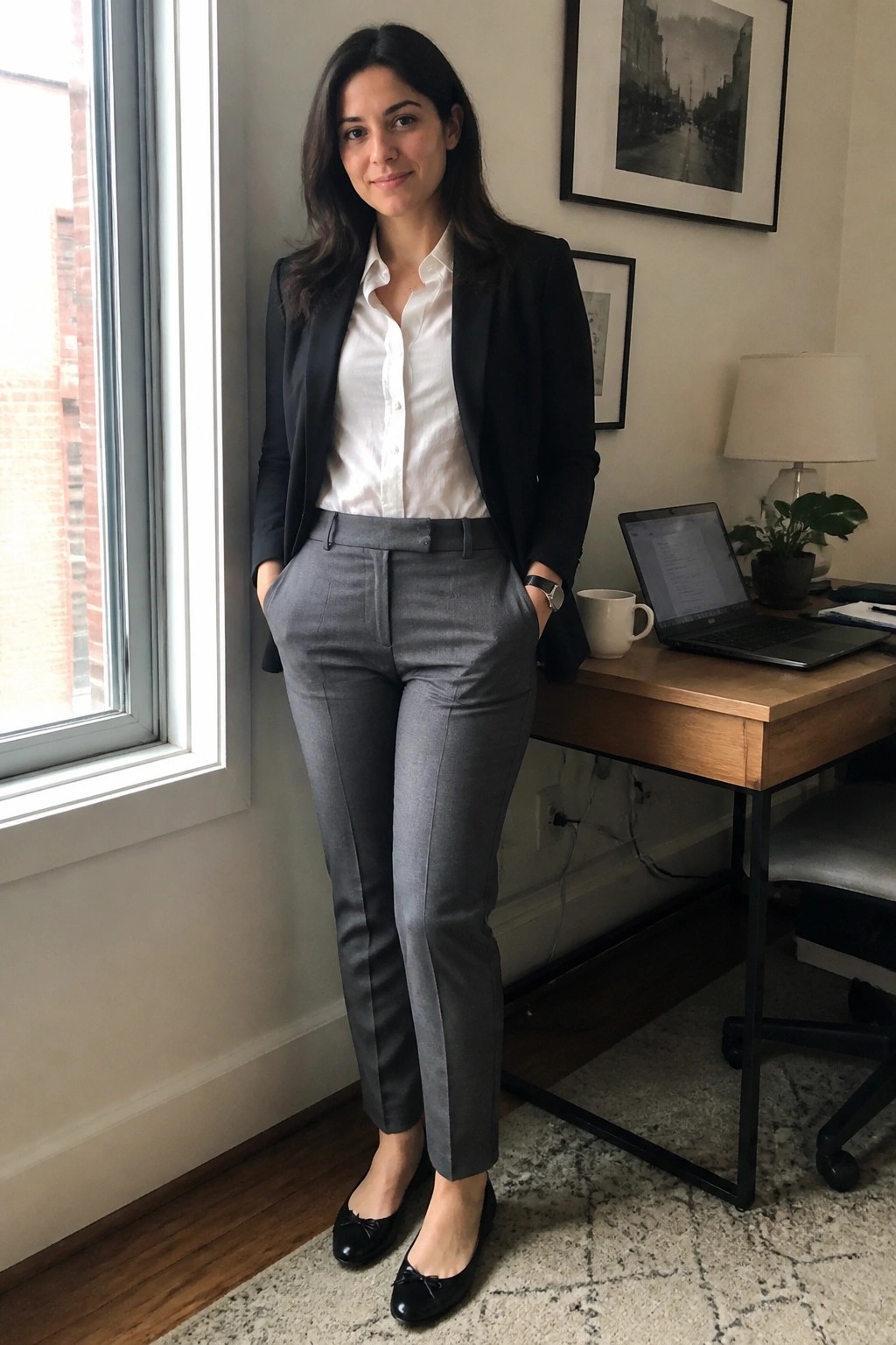 Woman in black blazer and gray trousers standing by office desk with laptop