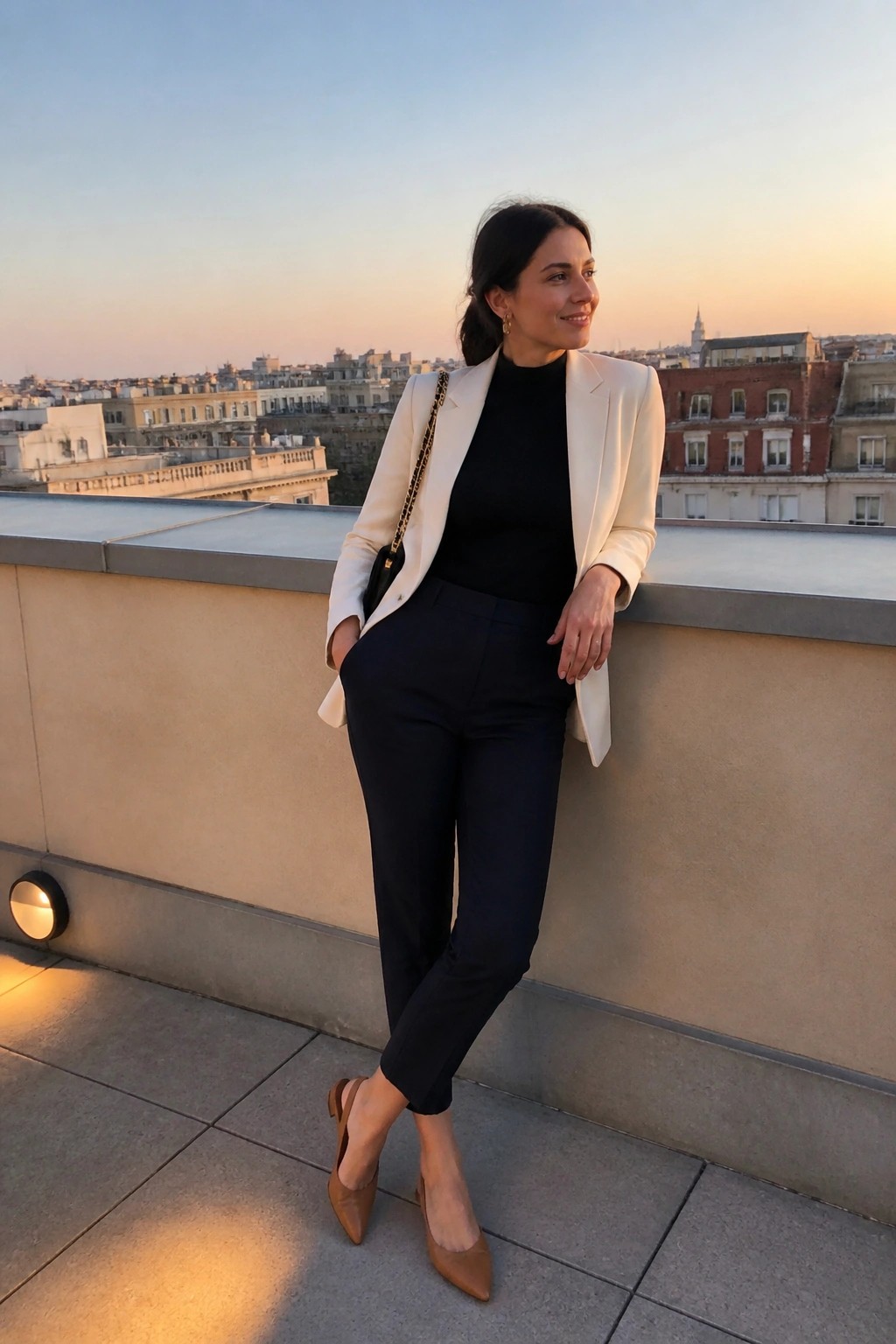 Woman in white blazer and black pants leaning on rooftop ledge at sunset
