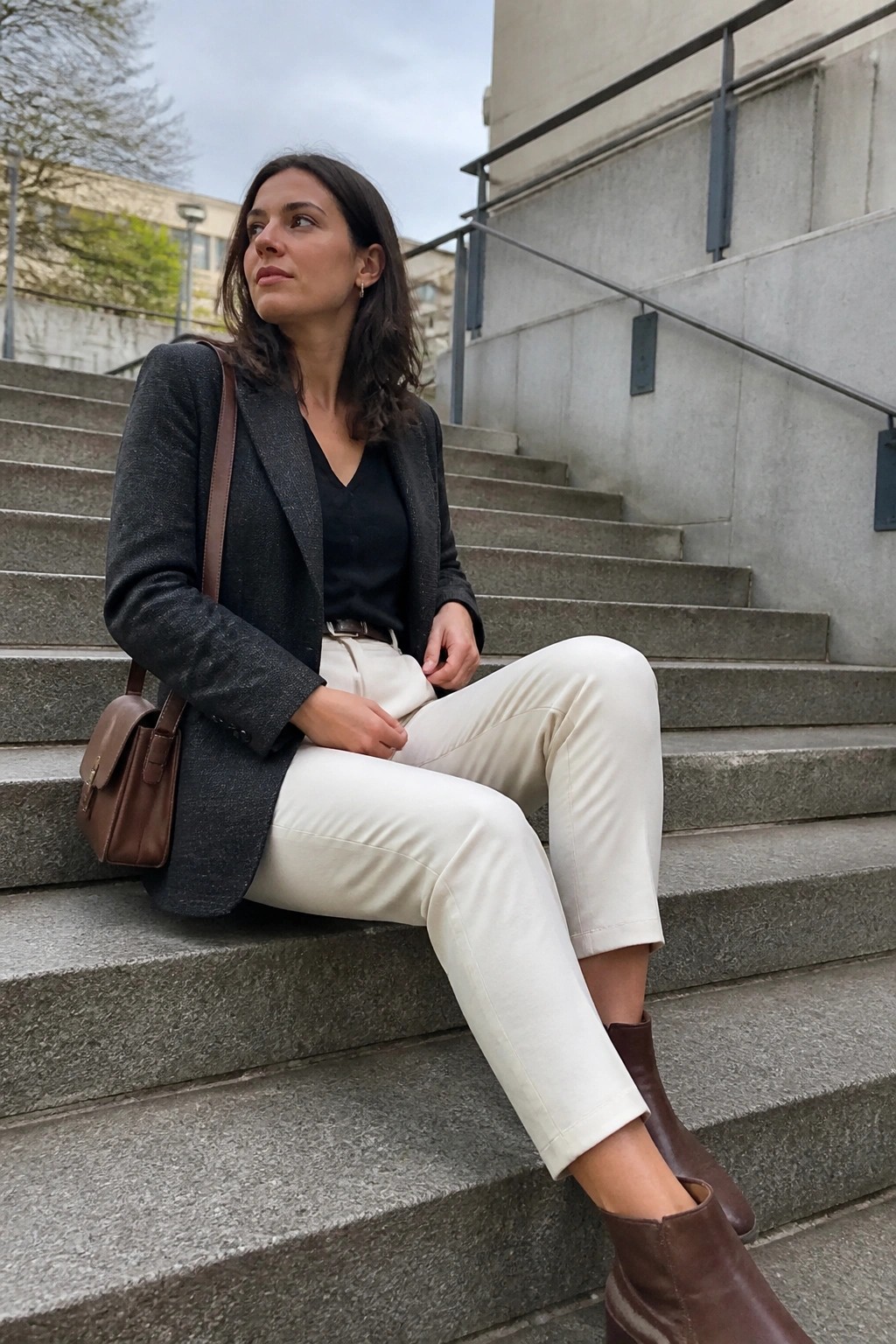 Woman in dark gray blazer, white pants, and brown boots on stone steps