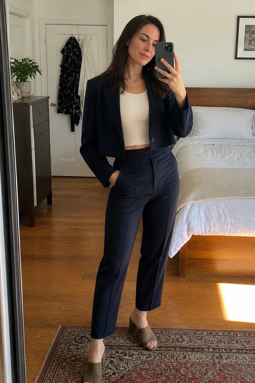 Woman in navy cropped suit taking mirror selfie in sunlit bedroom