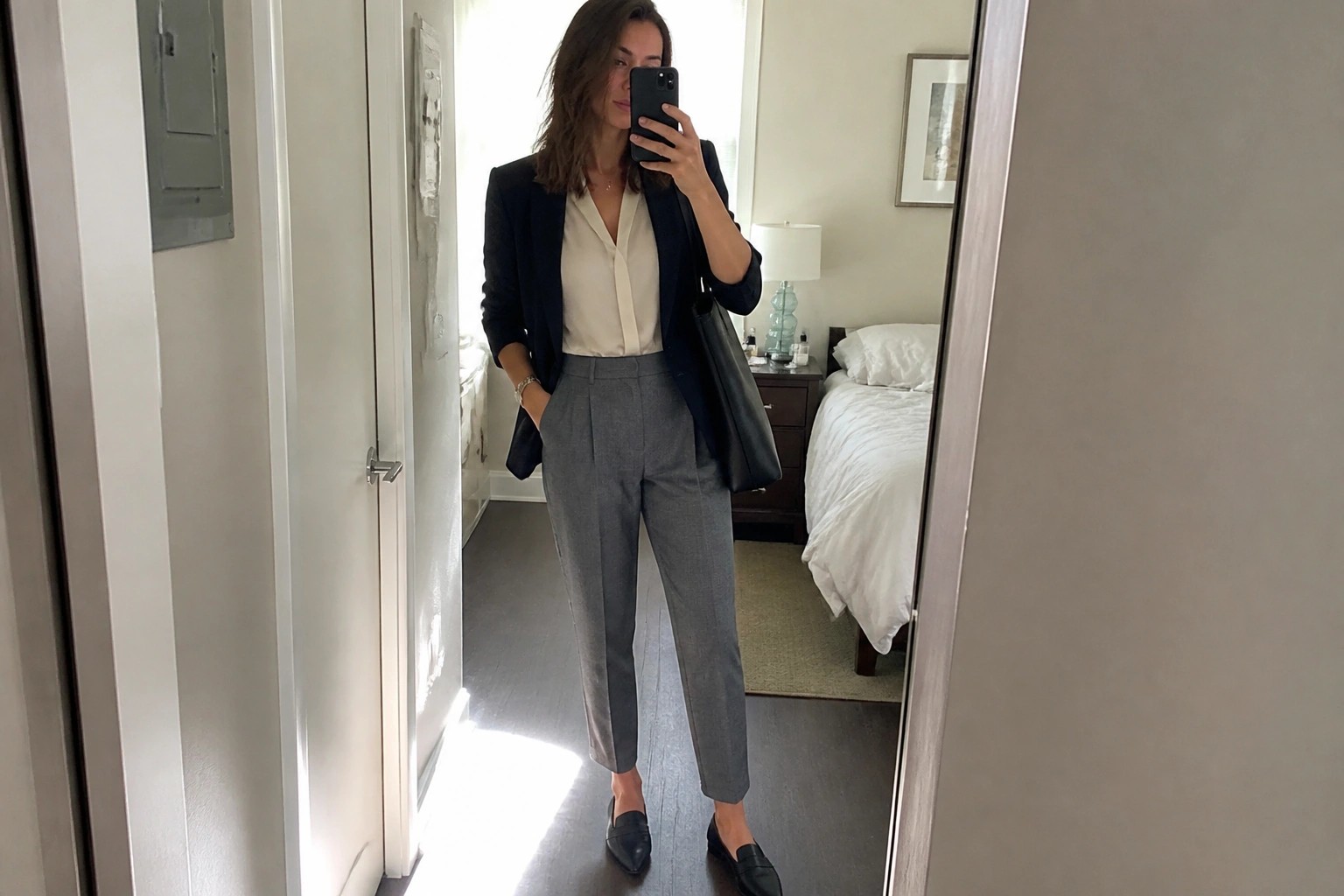Woman in navy blazer and gray trousers taking mirror selfie with black handbag.