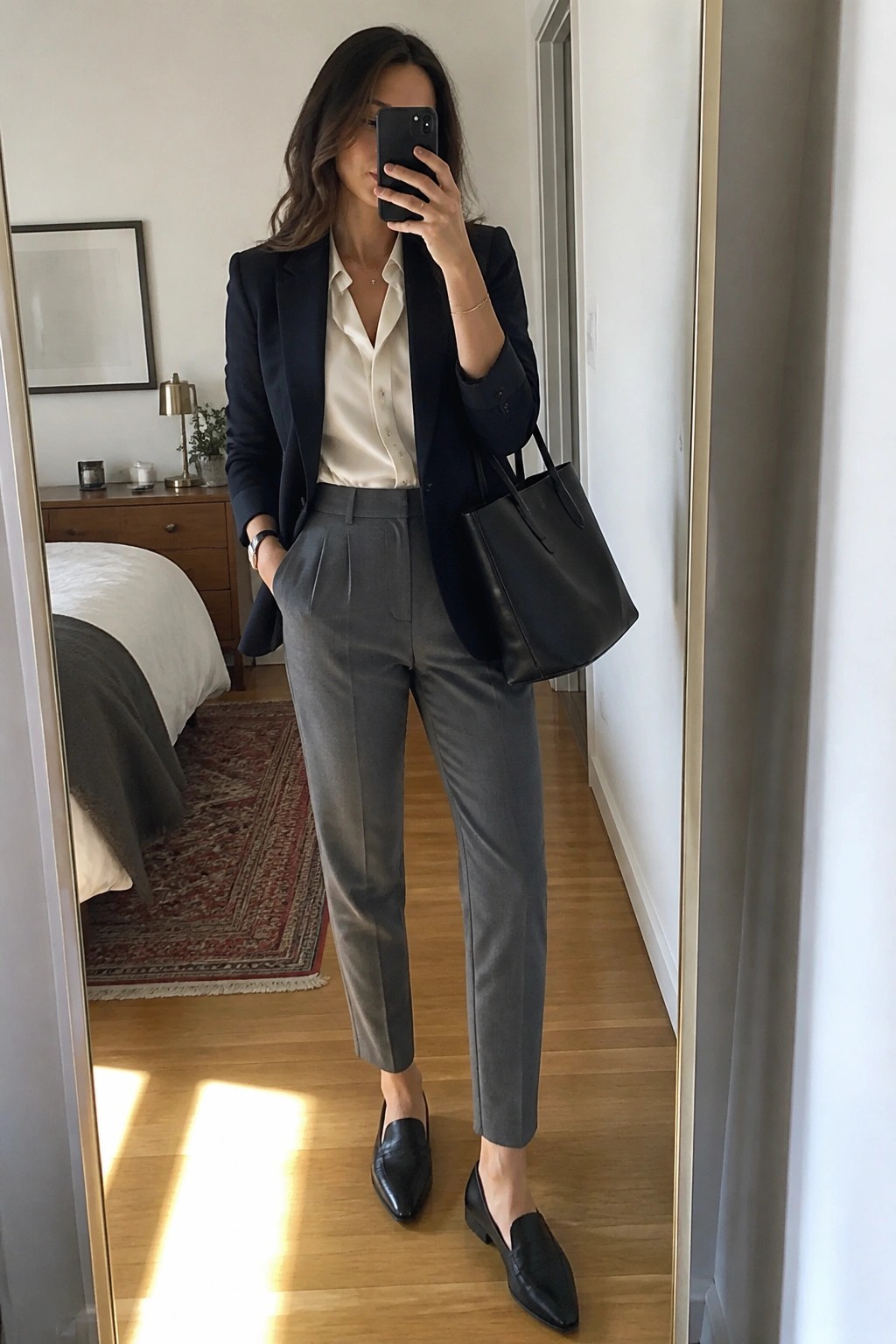 Woman in navy blazer and gray trousers taking mirror selfie with black handbag.