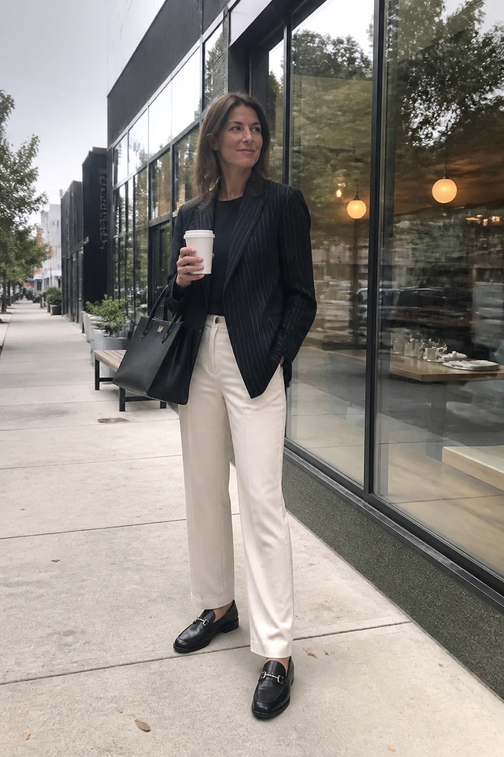 Woman in black pinstripe blazer and white trousers holding coffee on sidewalk