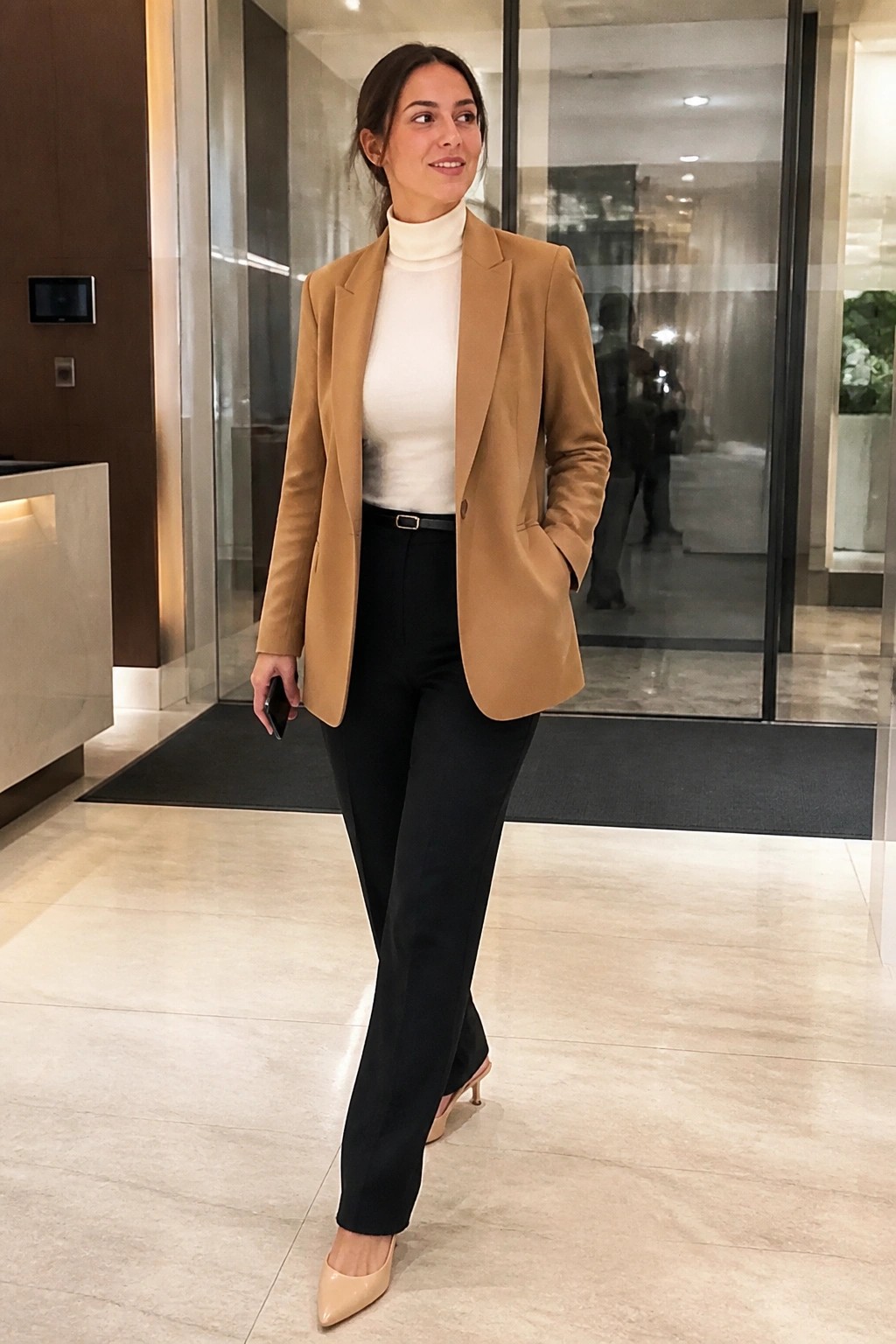 Woman in tan blazer, white turtleneck, black pants, and beige heels in lobby