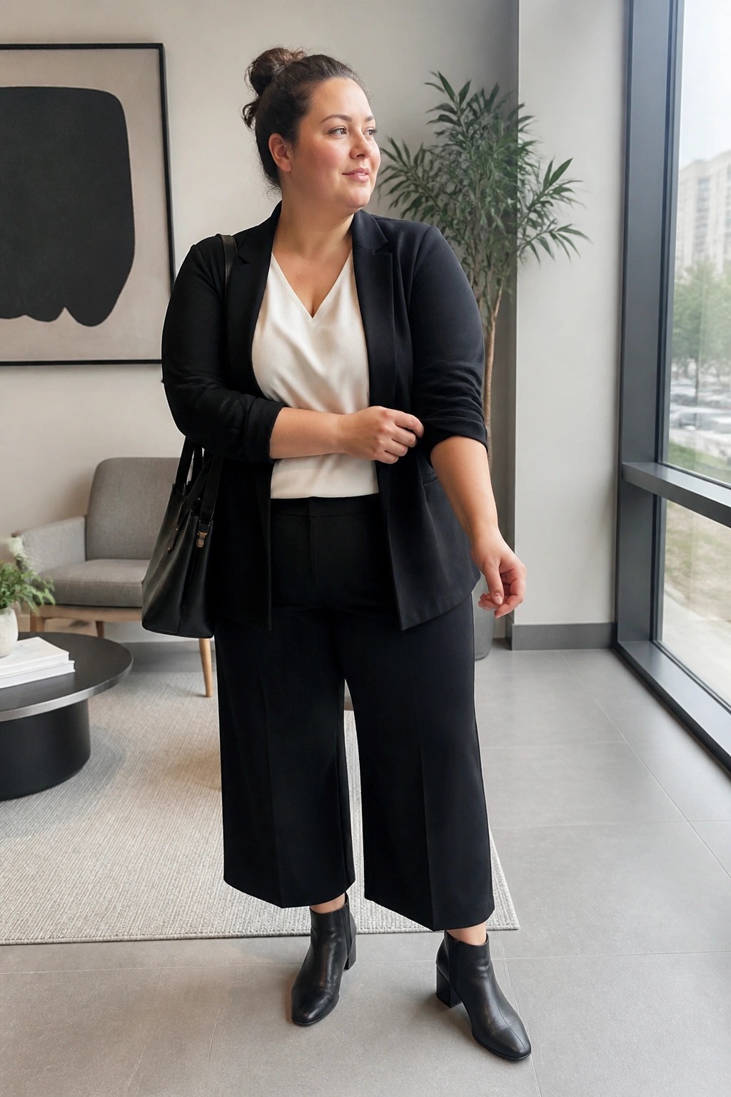 Woman in black blazer, white top, and wide pants holding black tote indoors