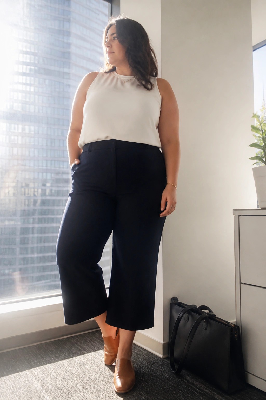 Woman in white sleeveless top and black wide-leg pants by sunlit office window with handbag.