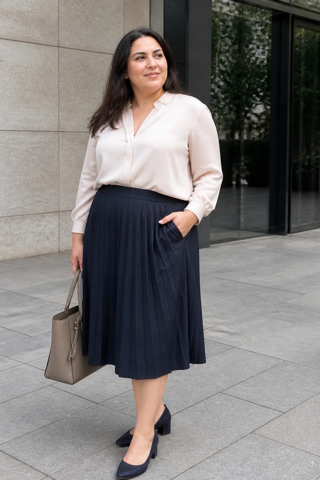Woman in beige blouse and navy pleated skirt holding taupe handbag outdoors