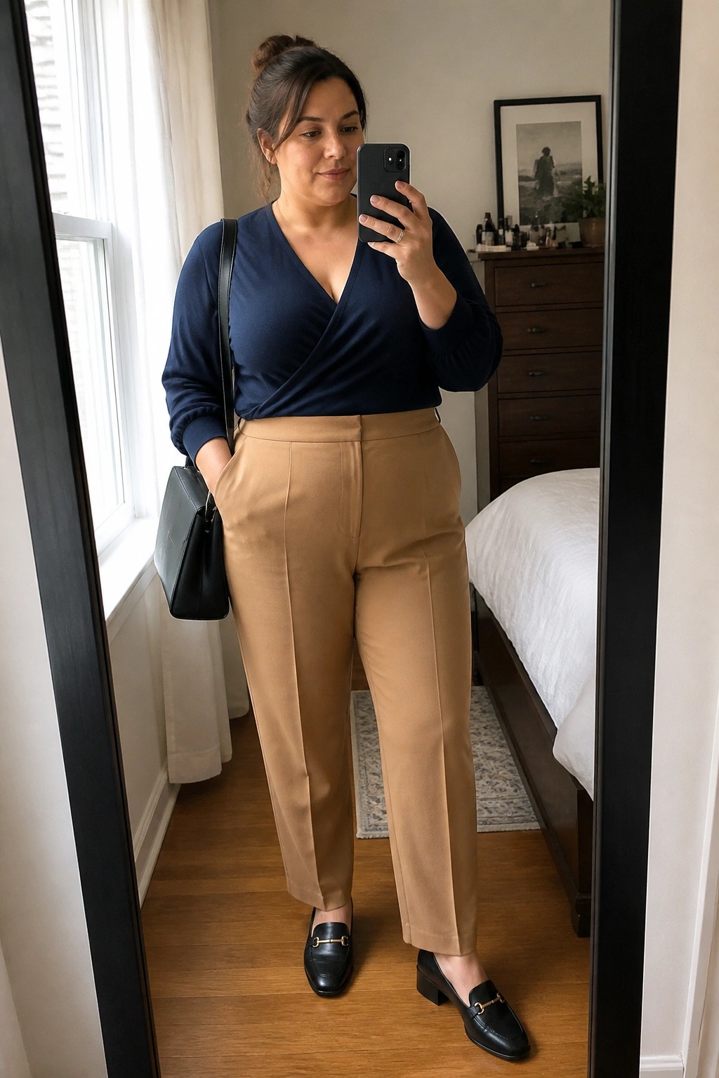 Woman in navy wrap top and tan pants taking bedroom mirror selfie