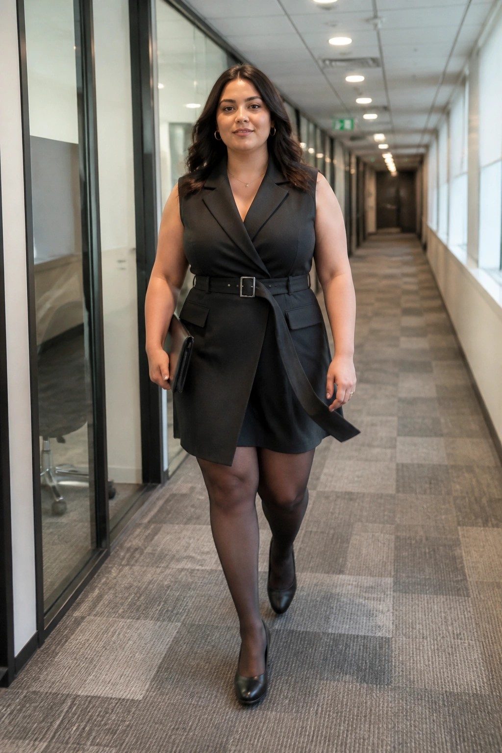 Woman in black sleeveless wrap dress with belt and side pockets, paired with black tights, pointed toe heels, and a clutch for a work outfit.