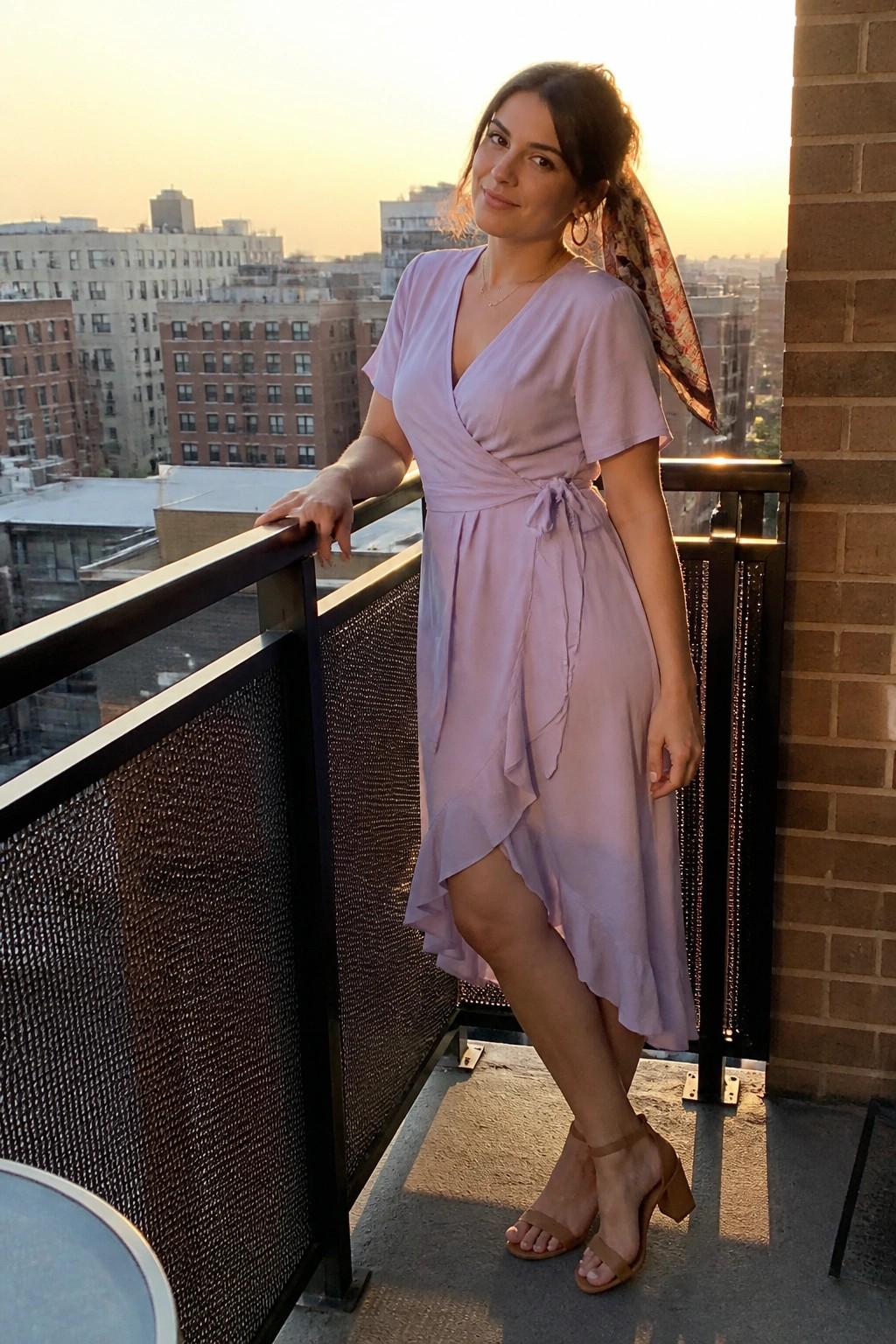 Woman in lavender wrap dress with scarf in hair on city balcony at sunset.