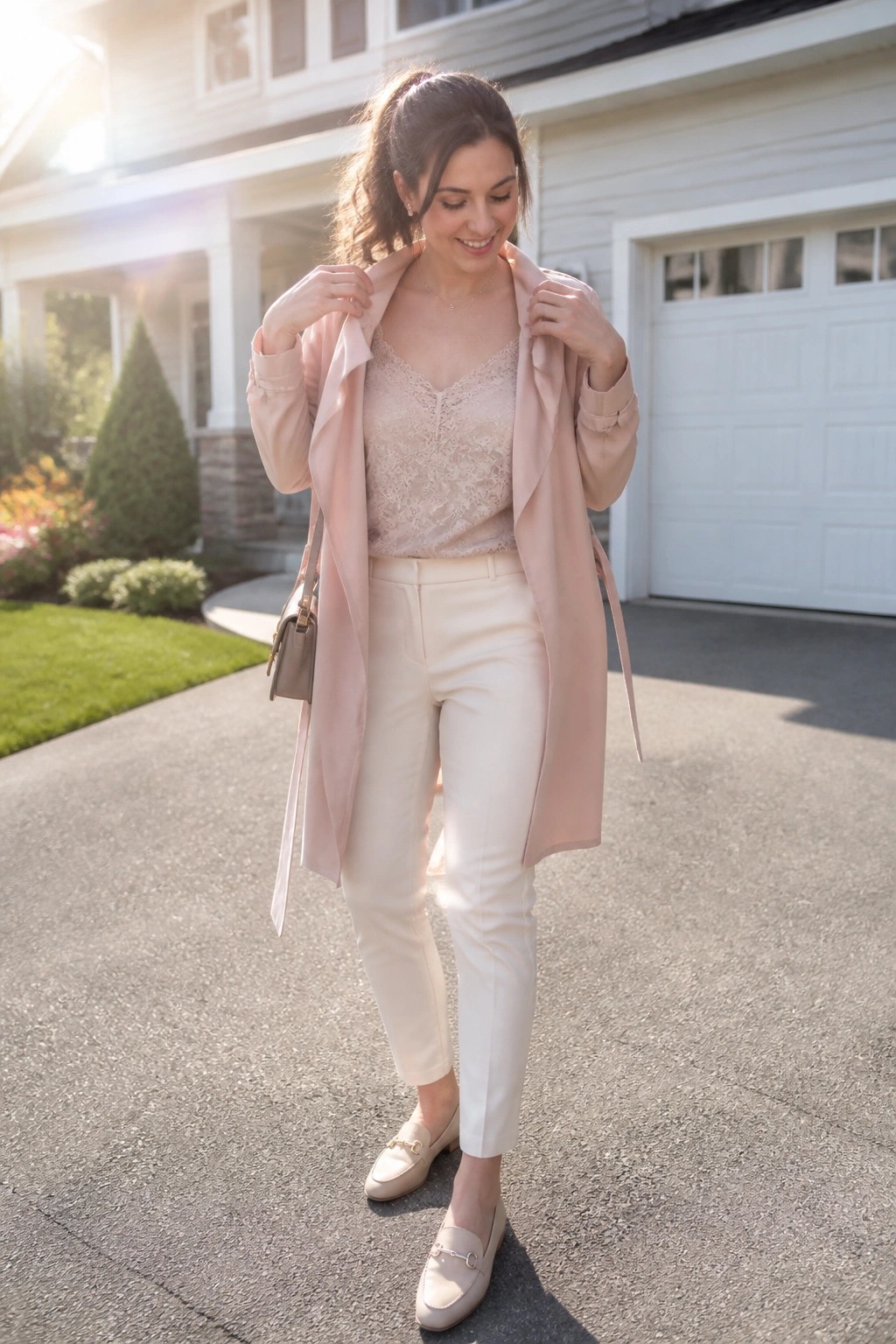 Woman in blush trench coat over lace top and cream pants on driveway