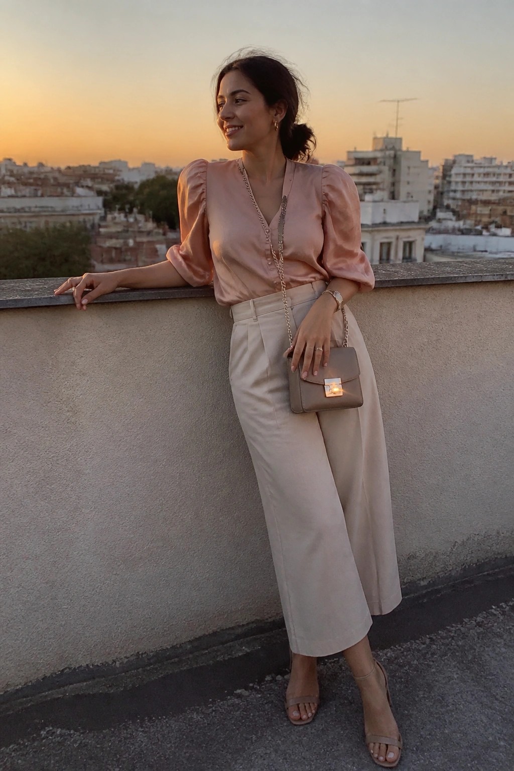 Woman in peach satin blouse and beige pants with handbag on sunset balcony