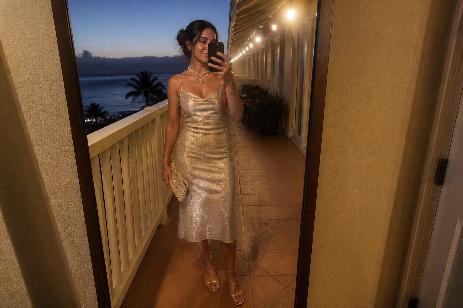 Woman in shimmering silver slip dress taking mirror selfie on ocean-view balcony at dusk