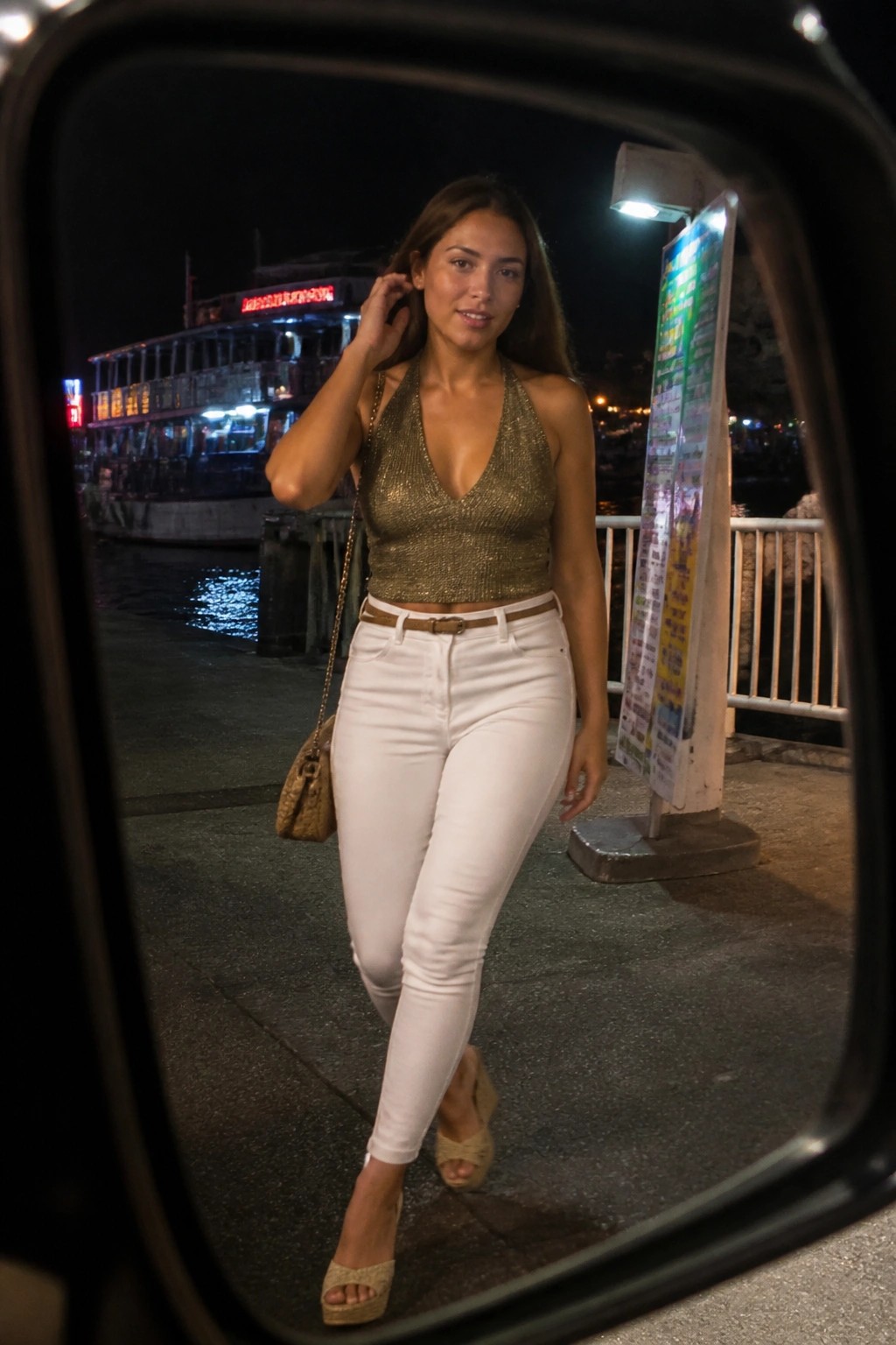 Woman wearing a gold sequin halter top tucked into white skinny jeans with a brown belt, beige platform sandals, and a matching woven crossbody bag.