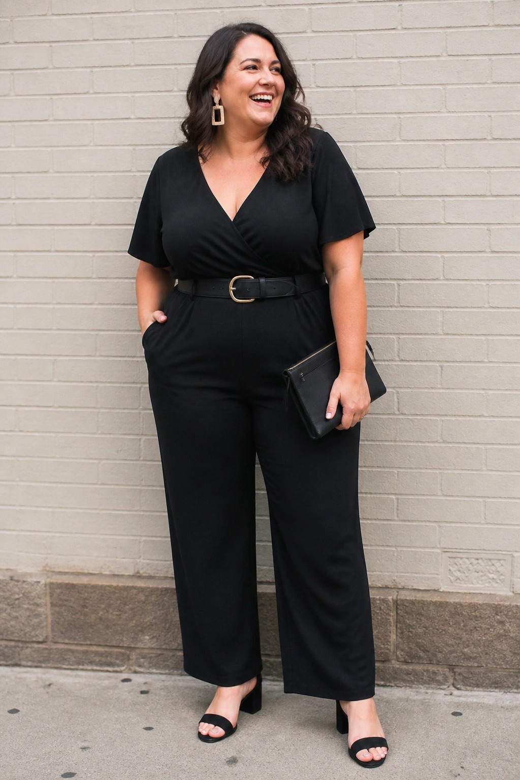 Smiling woman in black jumpsuit with belt holding clutch by brick wall